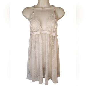 Victoria's Secret Sheer Dotted Mesh Lace Babydoll L Light Blush Pink Cream